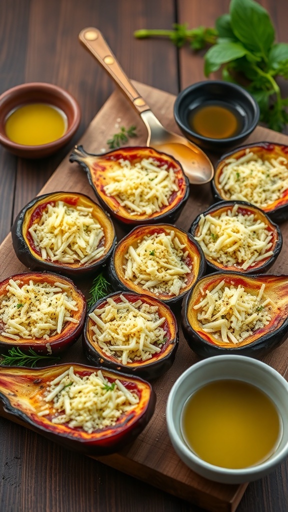 Baked eggplant slices topped with Parmesan cheese on a wooden table with herbs and olive oil.